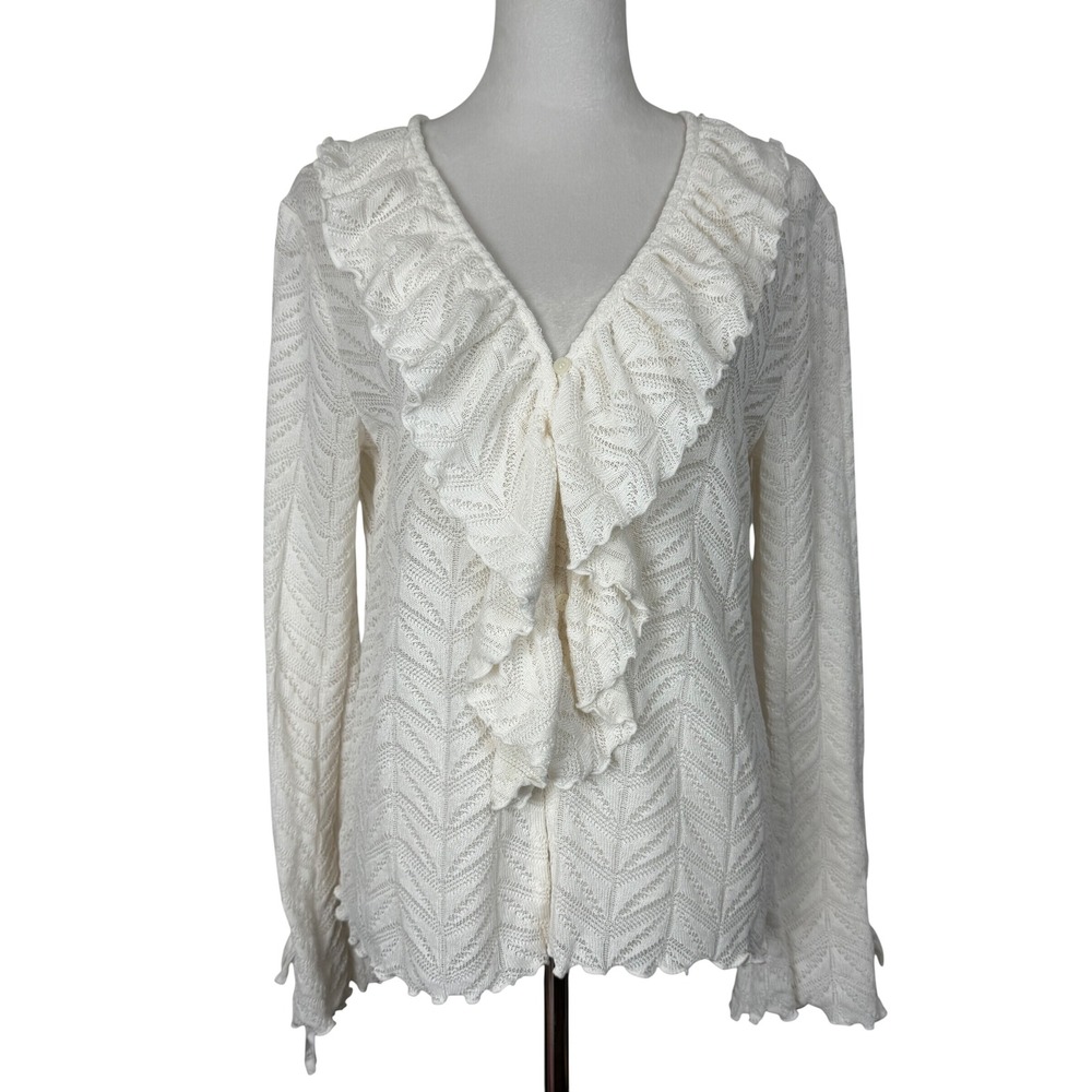 Loft Women Cardigan L White Ruffle V-Neck Pointelle Knit Long Sleeve